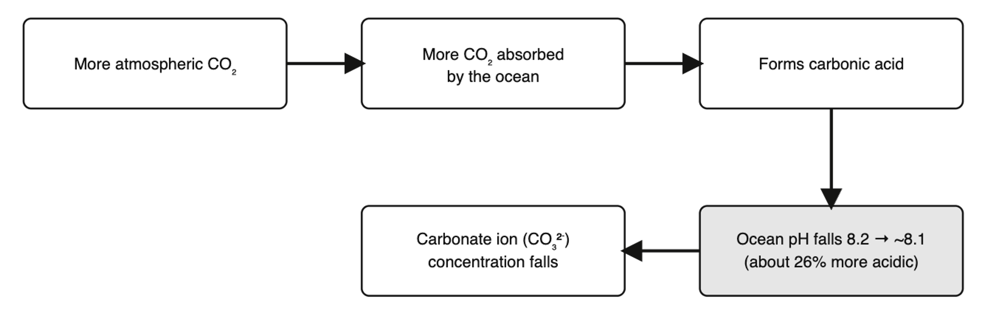 Flow chart showing more atmospheric CO₂, greater ocean uptake, formation of carbonic acid, falling carbonate ion levels and ocean pH dropping from 8.2 to about 8.1