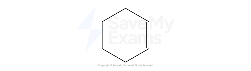 A skeletal formula of cyclohexene, showing a six-membered carbon ring with one double line indicating a double bond, and five single lines indicating single bonds.