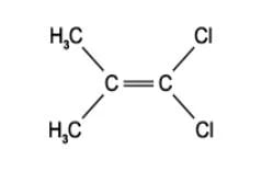Structural diagram of 1,1-dichlorobut-1-ene, with both chlorine atoms attached to the same carbon of the carbon-carbon double bond