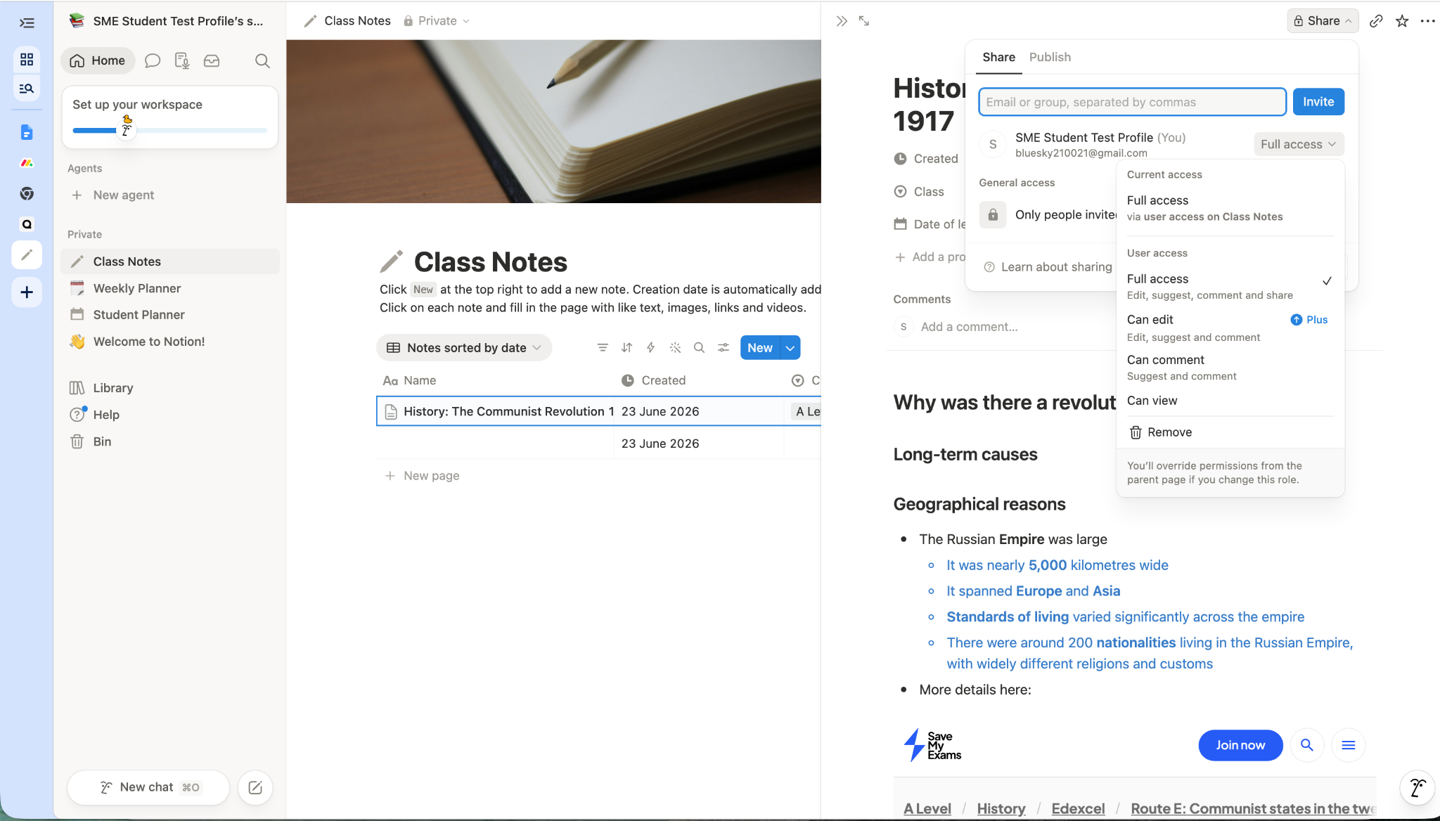 Notion workspace showing a Class Notes page for a history topic on the Russian Revolution, with sharing settings open and access options visible.