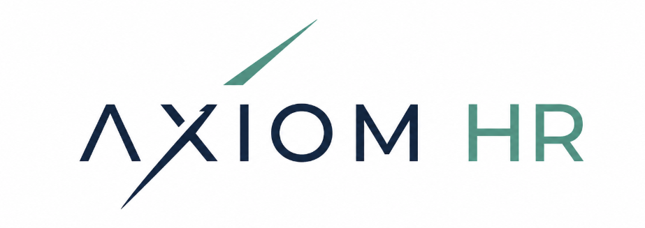 Axiom HR logo with stylised navy word “AXIOM” and teal “HR”, featuring diagonal teal and navy slashes through the letter A on a white background