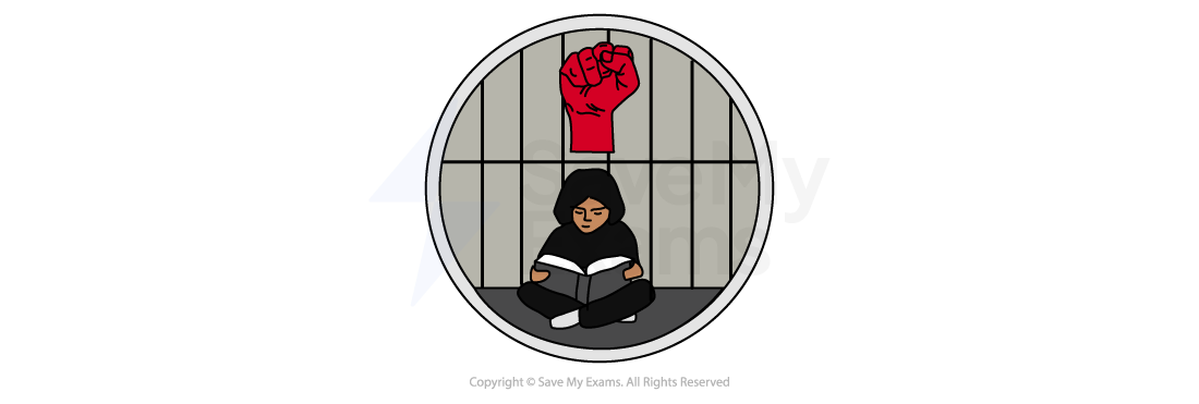 Symbol for Political oppression and resistance: Girl in a headscarf sits reading on a prison floor, bars behind her and a raised red fist symbol of protest above her head.