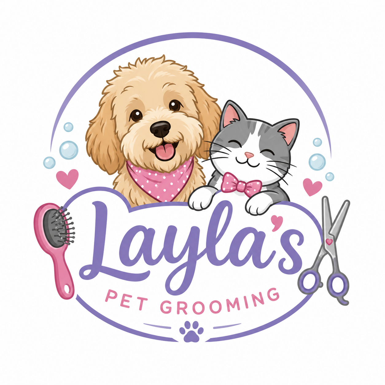 Cartoon dog and cat in bandana and bow tie above text “Layla’s Pet Grooming”, with bubbles, heart, brush and scissors in a circular logo.