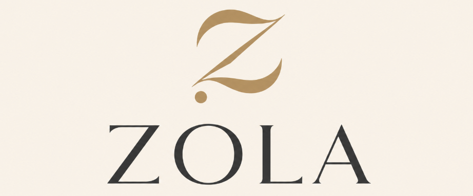 Minimalist logo showing a stylised gold letter Z with a dot above the word “ZOLA” in elegant black serif capitals on a cream background