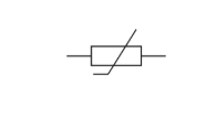 Simple electronic circuit symbol showing a variable resistor: a rectangle with a diagonal line through it and straight leads extending left and right