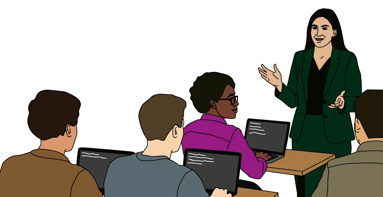 Illustration of a female teacher in a green suit speaking to students using laptops in a classroom, with one student facing her and others listening.