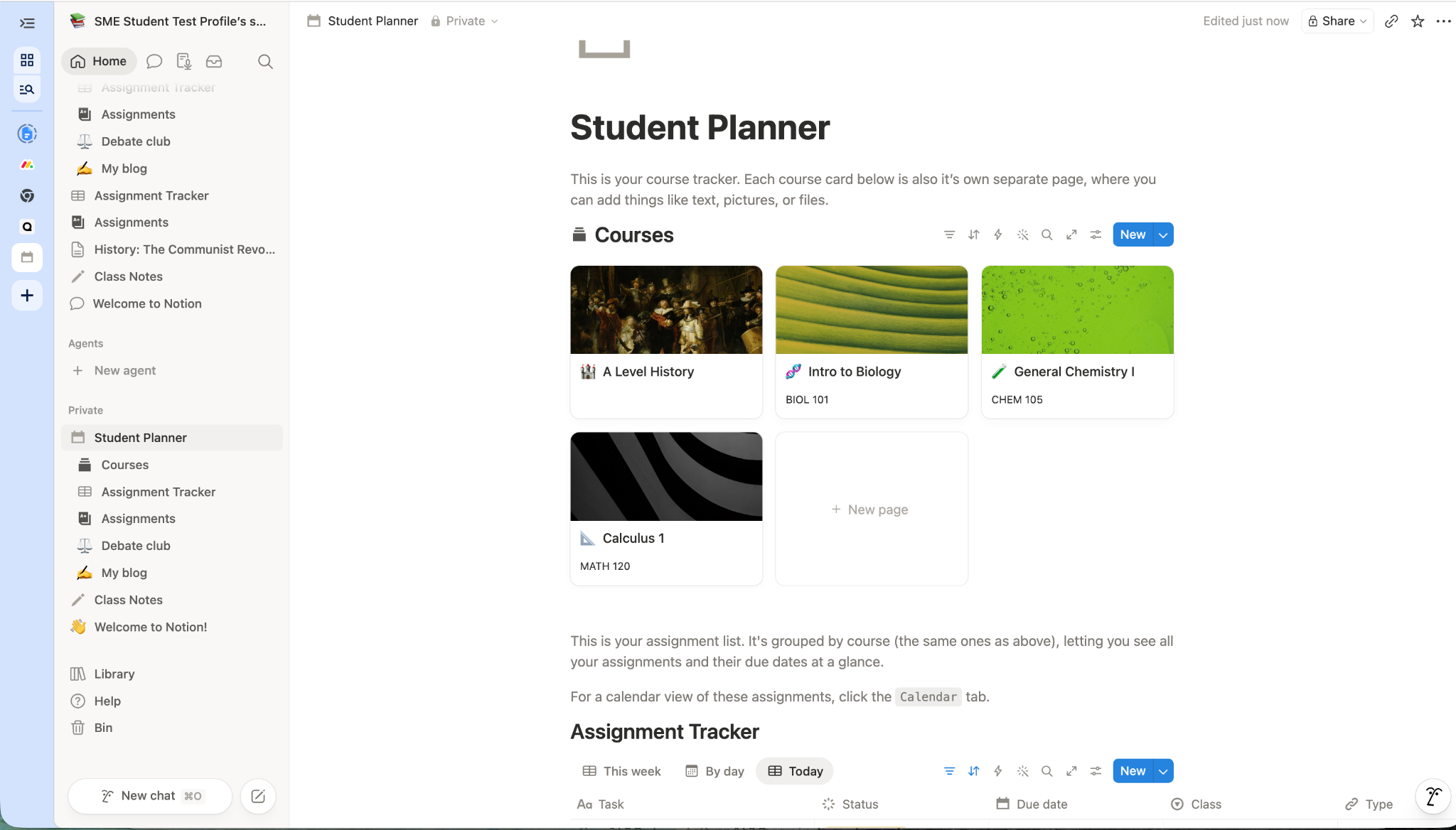Notion workspace showing a Student Planner page with course cards for A Level History, Intro to Biology, General Chemistry I and Calculus 1.