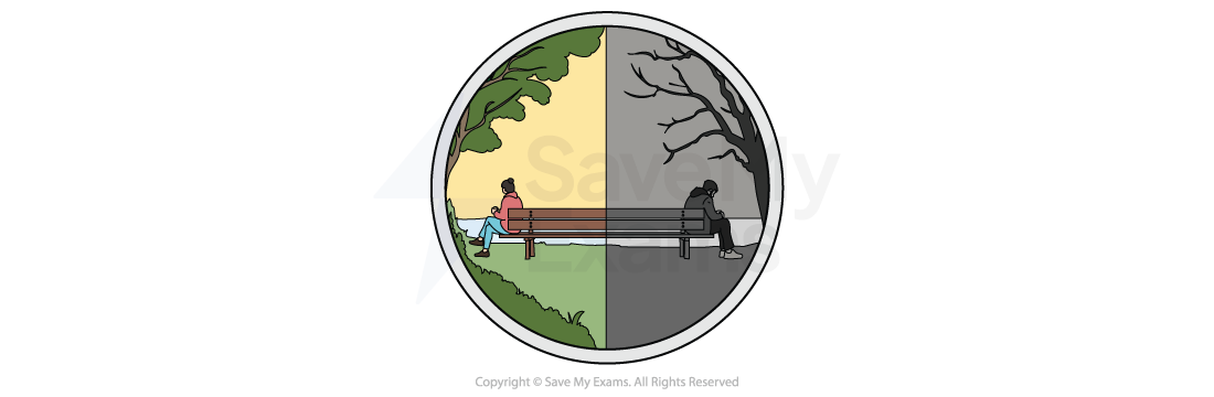 Theme symbol for Solitude and loneliness: Split park scene showing a woman on a sunny, green bench side and a man on a dark, barren side, symbolising contrast between happiness and isolation