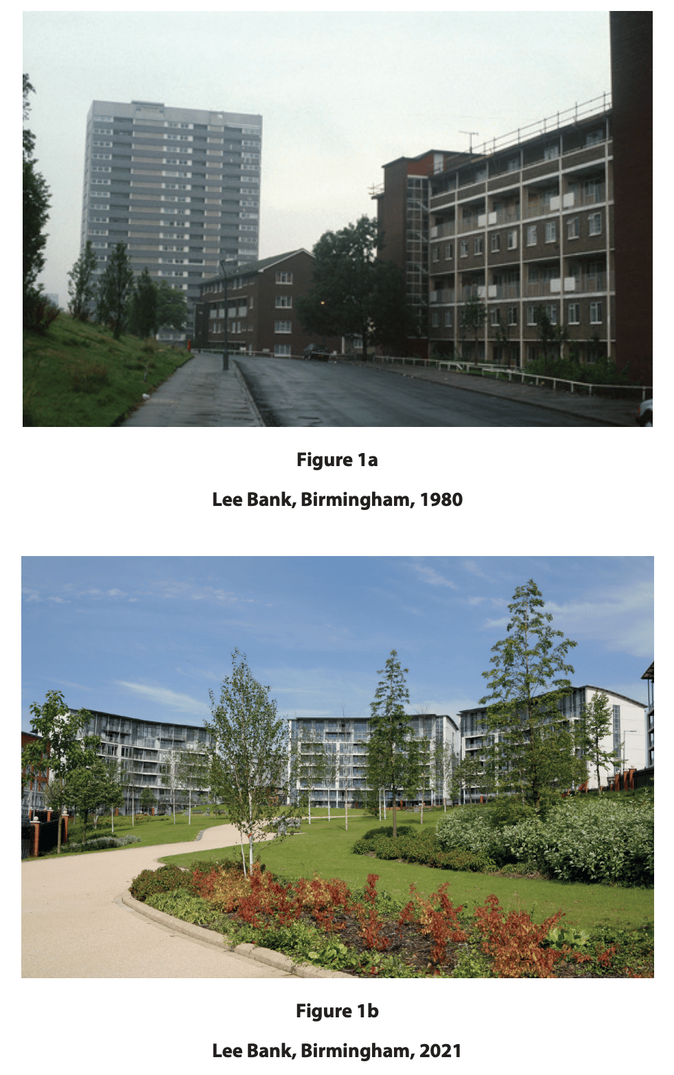 Two photographs showing Lee Bank, Birmingham in 1980 and then in 2021