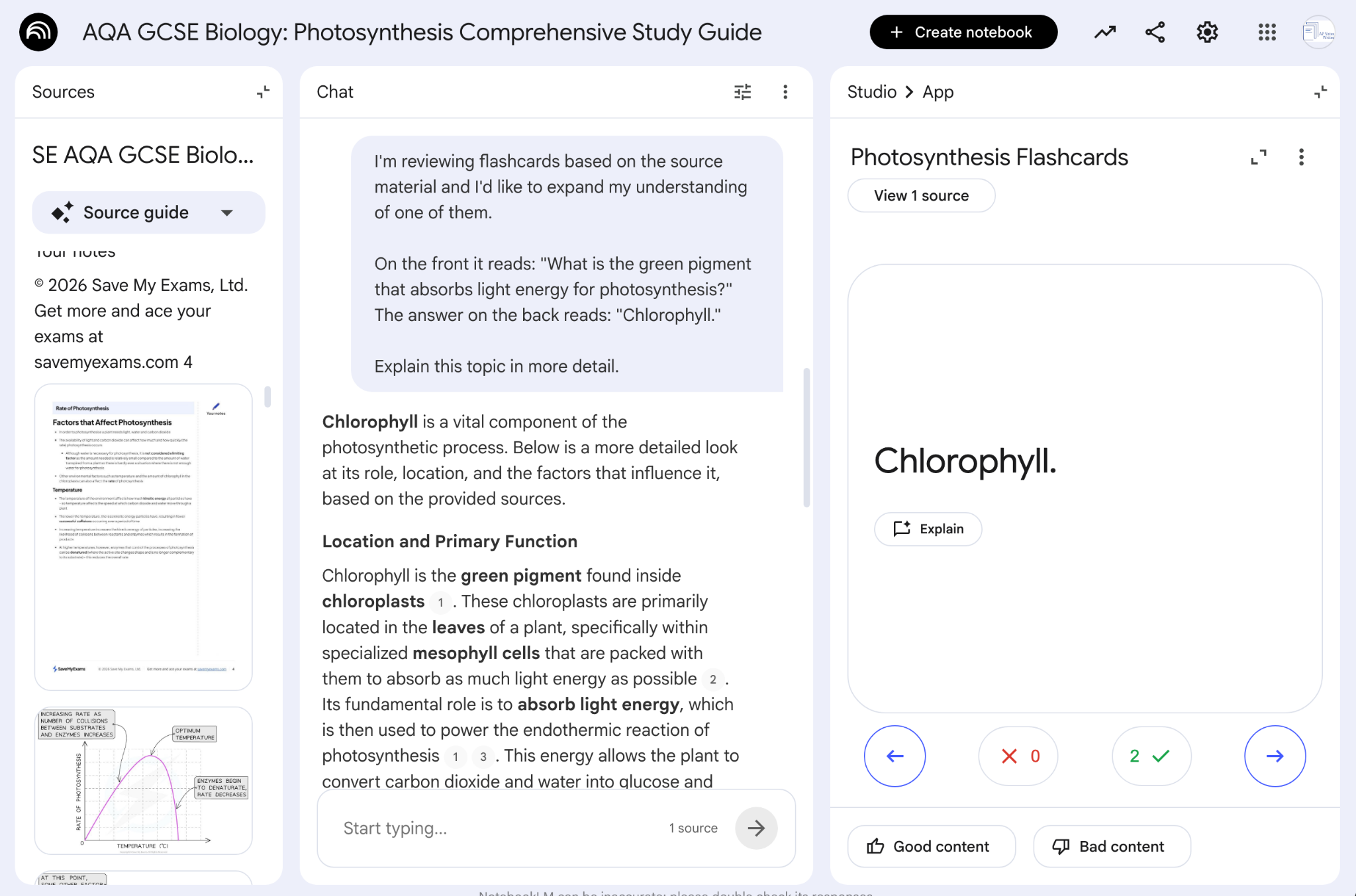 Screenshot of an online AQA GCSE Biology study tool showing a chat explanation of chlorophyll and a photosynthesis flashcard with the answer “Chlorophyll.”