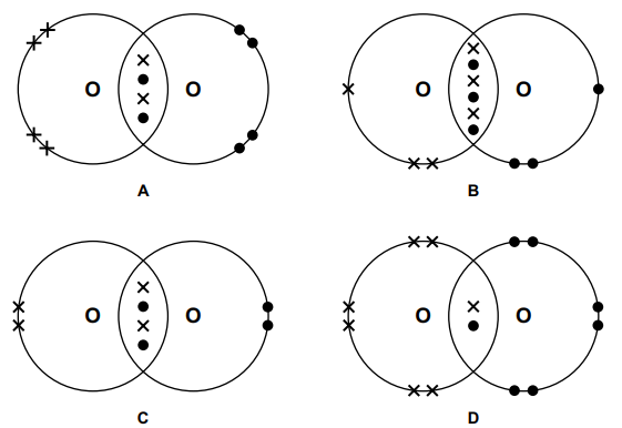 Four labelled Venn diagrams (A–D) with two overlapping circles each, showing different placements of crosses and black dots inside and outside the overlap.