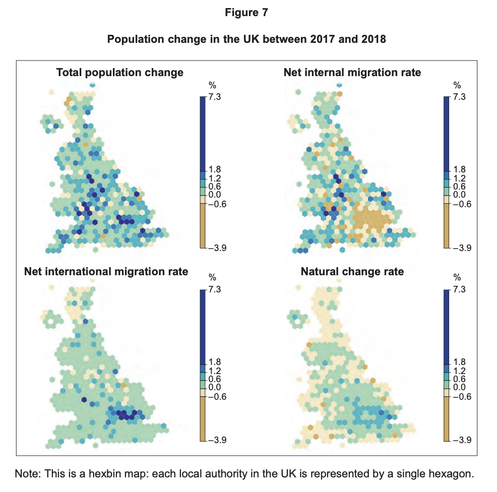 Hexbin maps of UK local authorities showing 2017–2018 total population, internal migration, international migration and natural change rates by colour scale