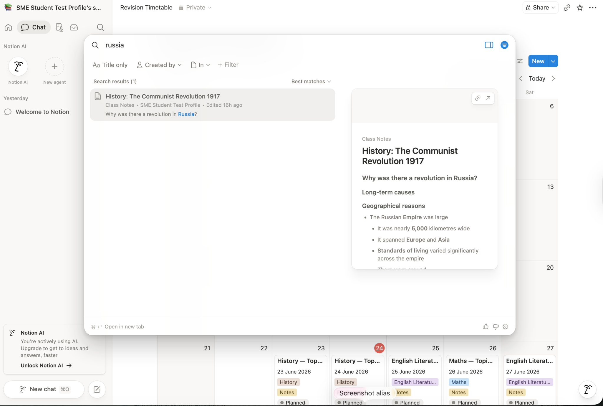 Notion workspace showing a search for “russia”, with a history note titled “The Communist Revolution 1917” open and a calendar of revision tasks below.