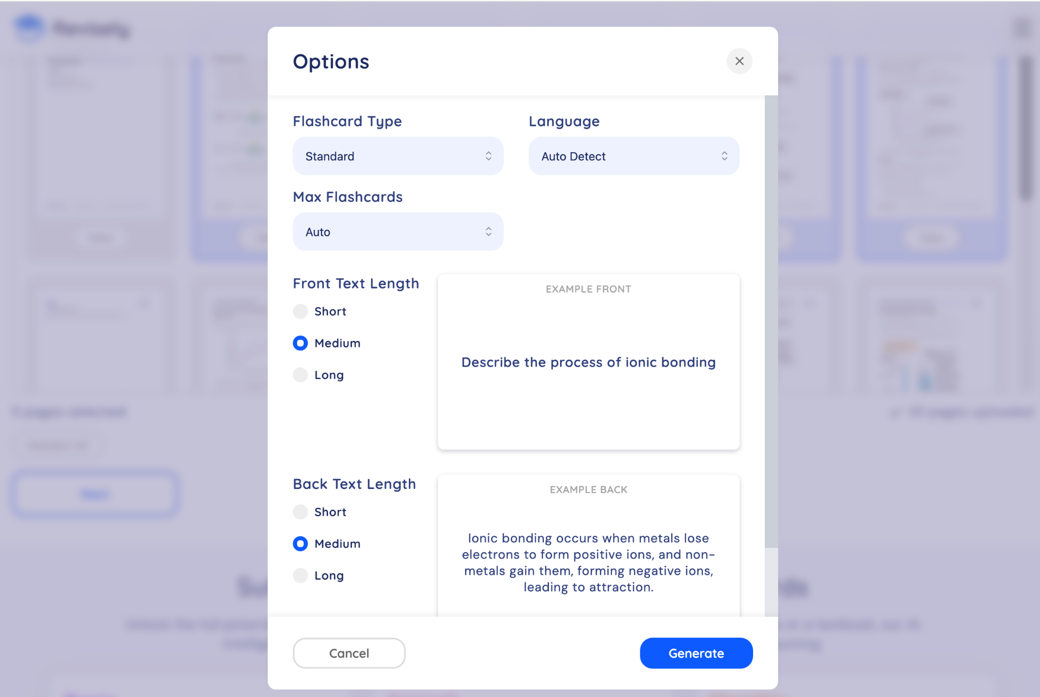 Flashcard options dialog showing controls for type, language, text lengths and examples about ionic bonding, with Cancel and Generate buttons at the bottom