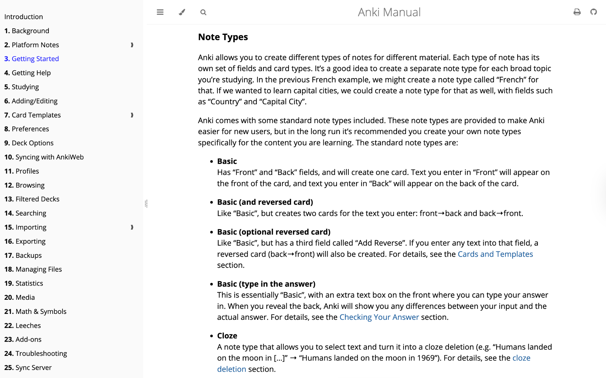Screenshot of the Anki Manual in a web browser, showing the sidebar navigation and the “Note Types” help page with bulleted descriptions of card types.