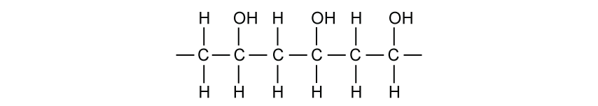 Section of the PVA polymer chain showing repeating units with OH groups on alternating backbone carbons