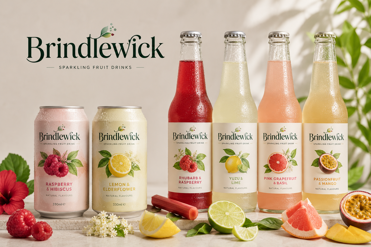 A range of sparkling fruit drinks in cans with the brand name Brindlewick