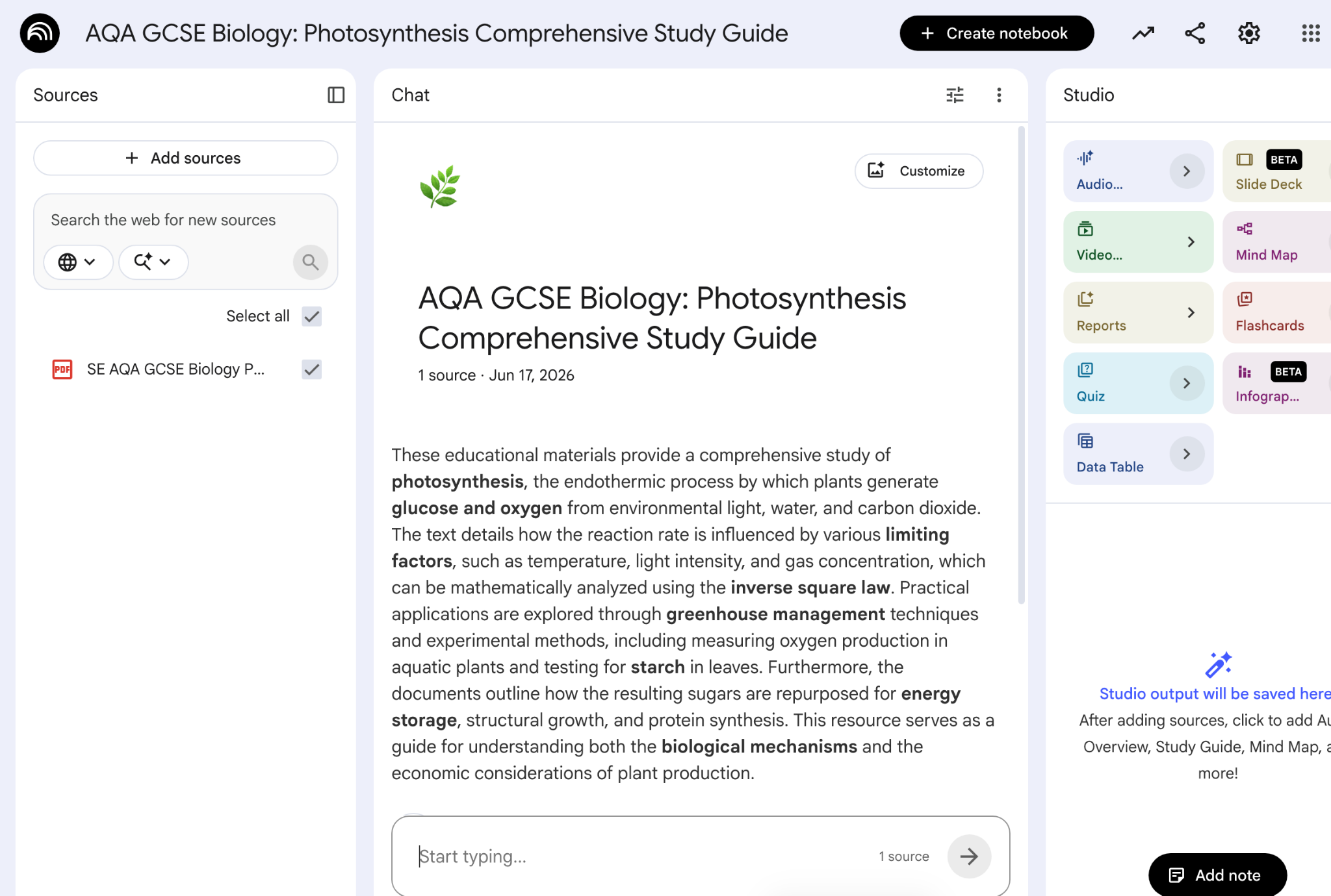 Screenshot of an online study tool showing an AQA GCSE Biology photosynthesis study guide, sources panel, and options to create quizzes and flashcards