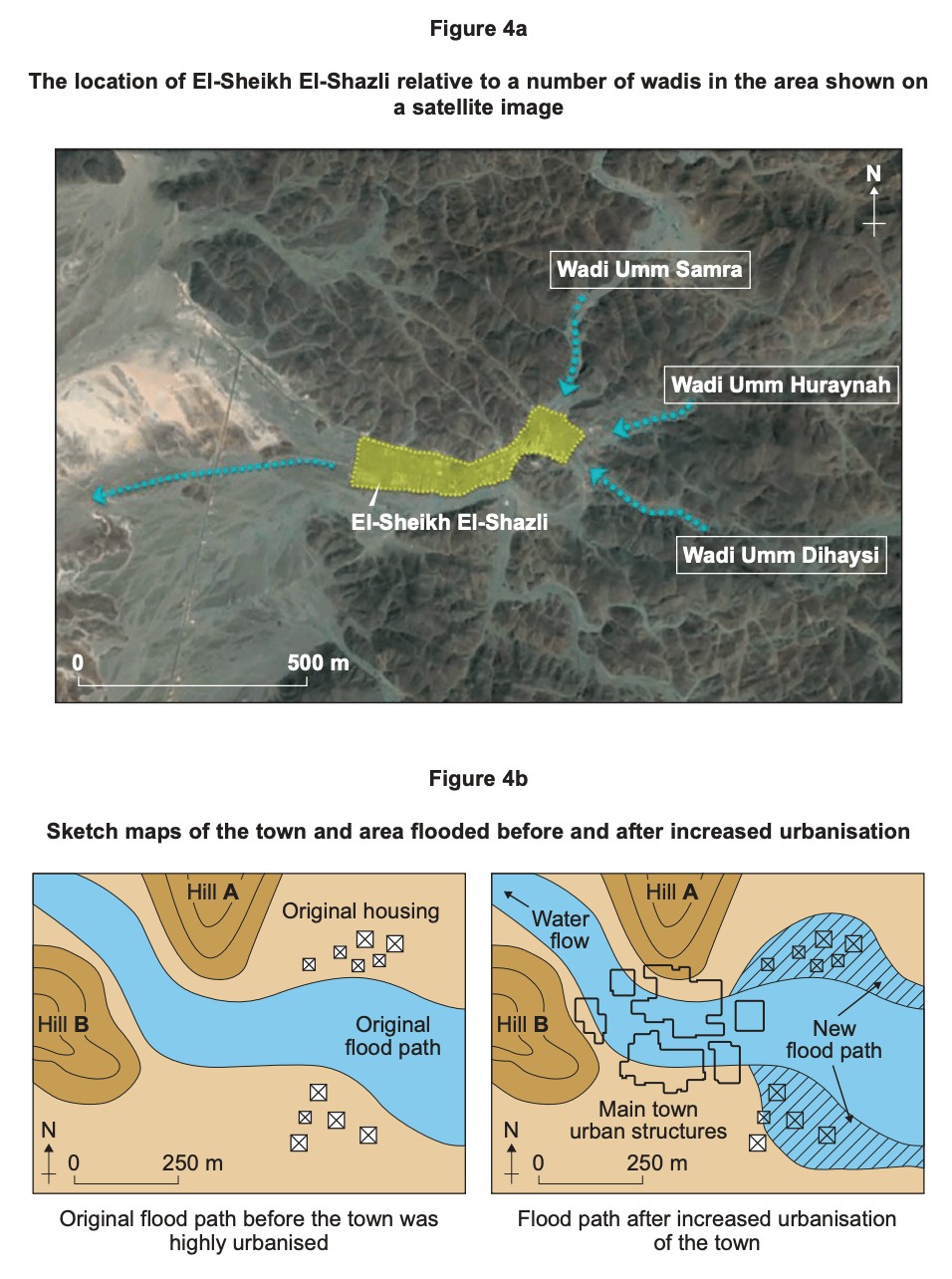Satellite and sketch maps showing El-Sheikh El-Shazli near surrounding wadis and how urban growth has diverted the town’s original flood path into new areas
