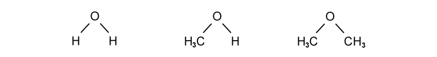 Three structural formulas: water (O bonded to two H), methanol (O bonded to CH₃ and H), and dimethyl ether (O bonded to two CH₃ groups), left to right