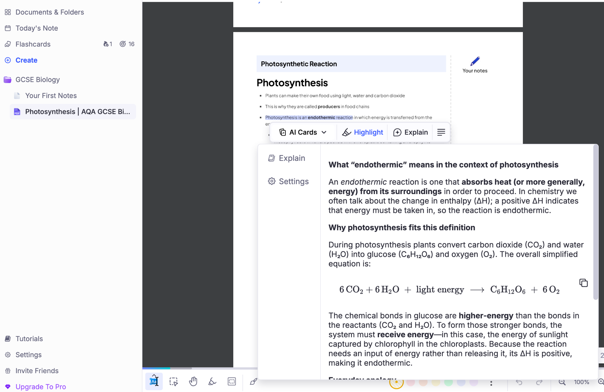 Study app interface showing GCSE Biology notes on photosynthesis, with AI explanation card defining endothermic reactions and the photosynthesis equation.