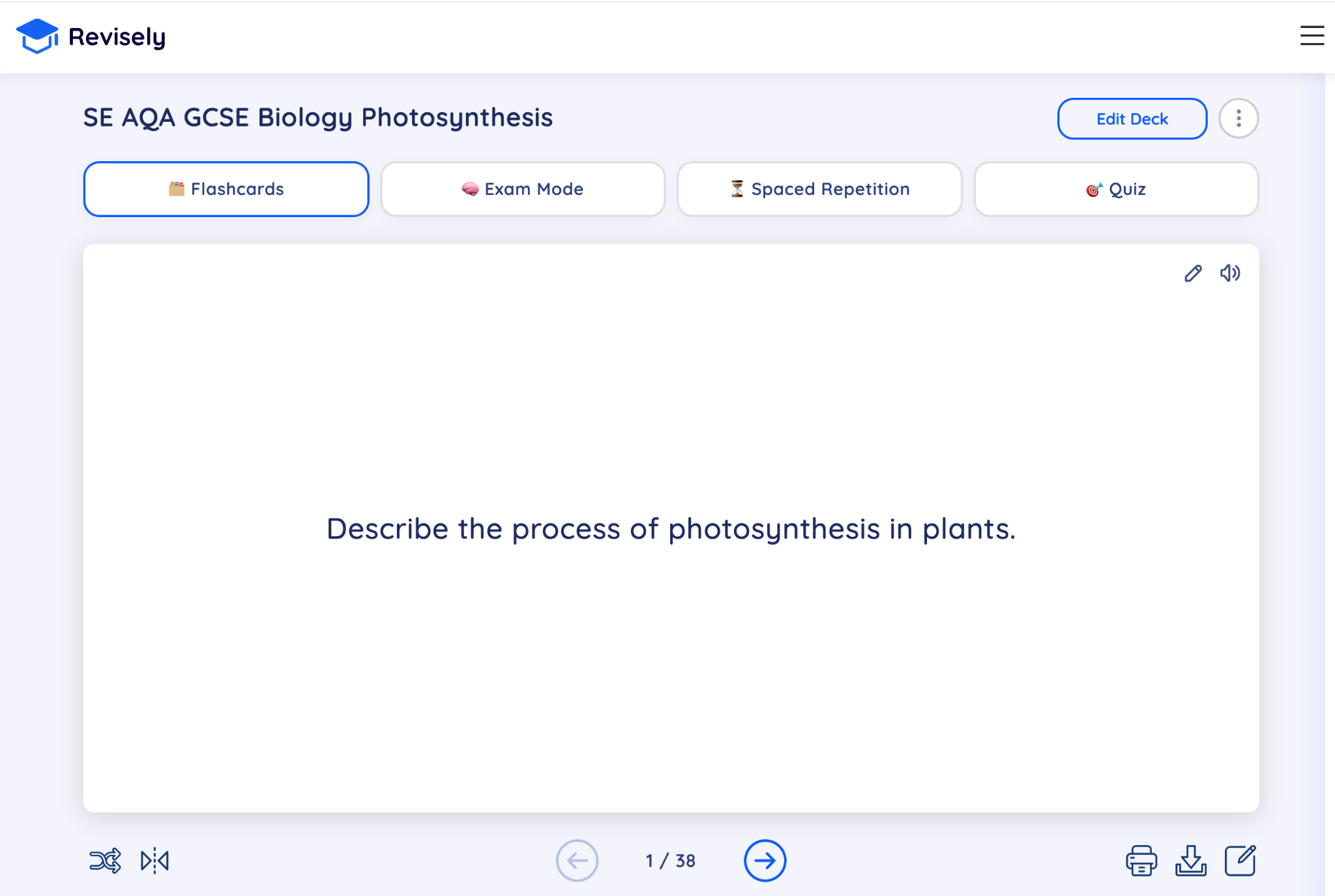 Revisely GCSE Biology flashcard screen showing question card: “Describe the process of photosynthesis in plants”, with study modes and navigation buttons.