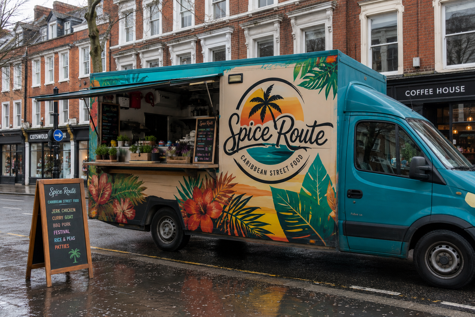 A colourful Caribbean food van parked on a London street with a pavement sign