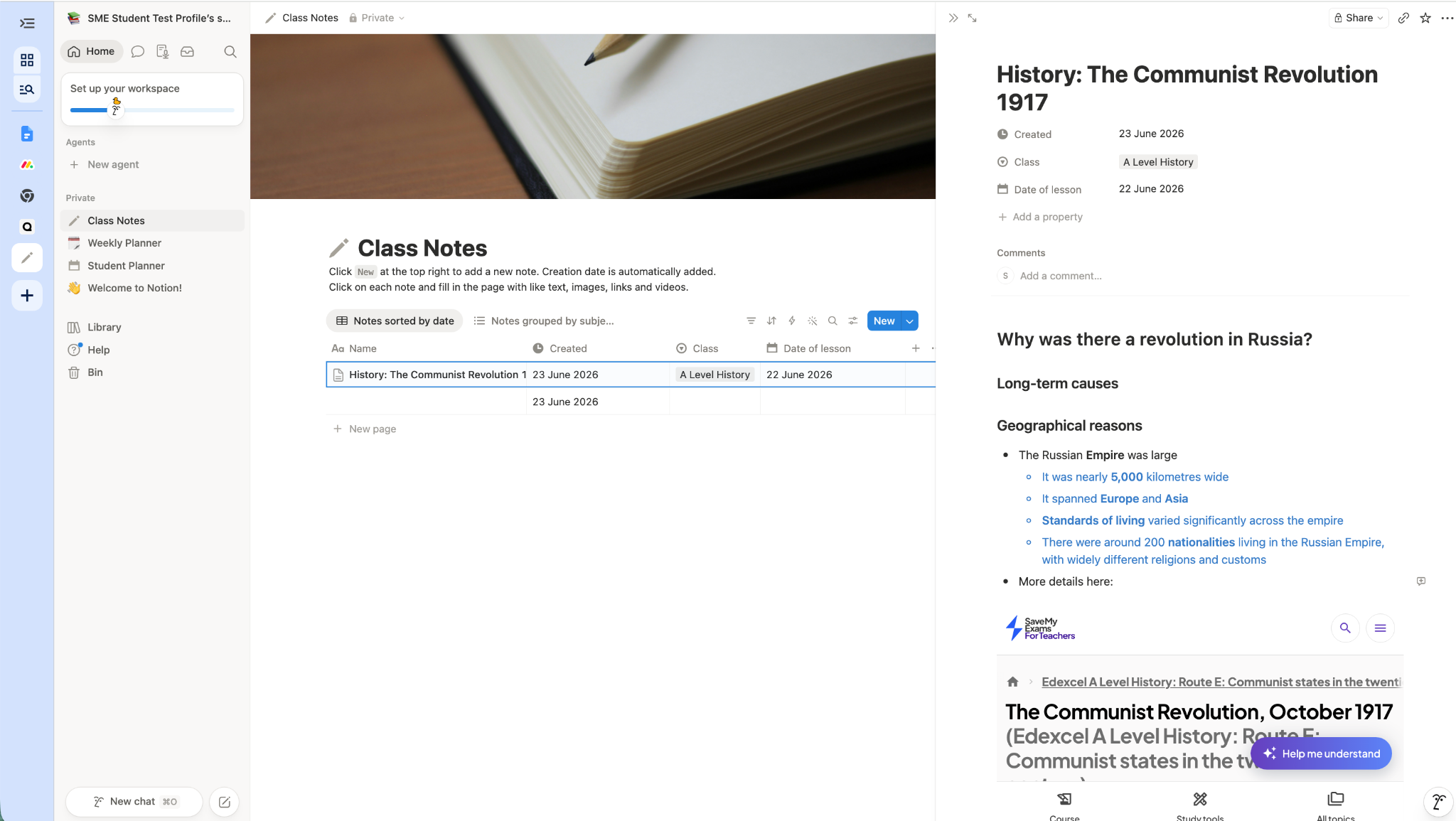 Notion workspace showing a Class Notes database and an open history note titled “The Communist Revolution 1917” with bulleted revision content.