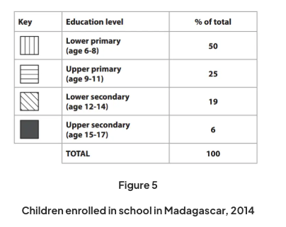 Table showing 2014 Madagascar school enrolment: 50% lower primary, 25% upper primary, 19% lower secondary, 6% upper secondary; total 100%.