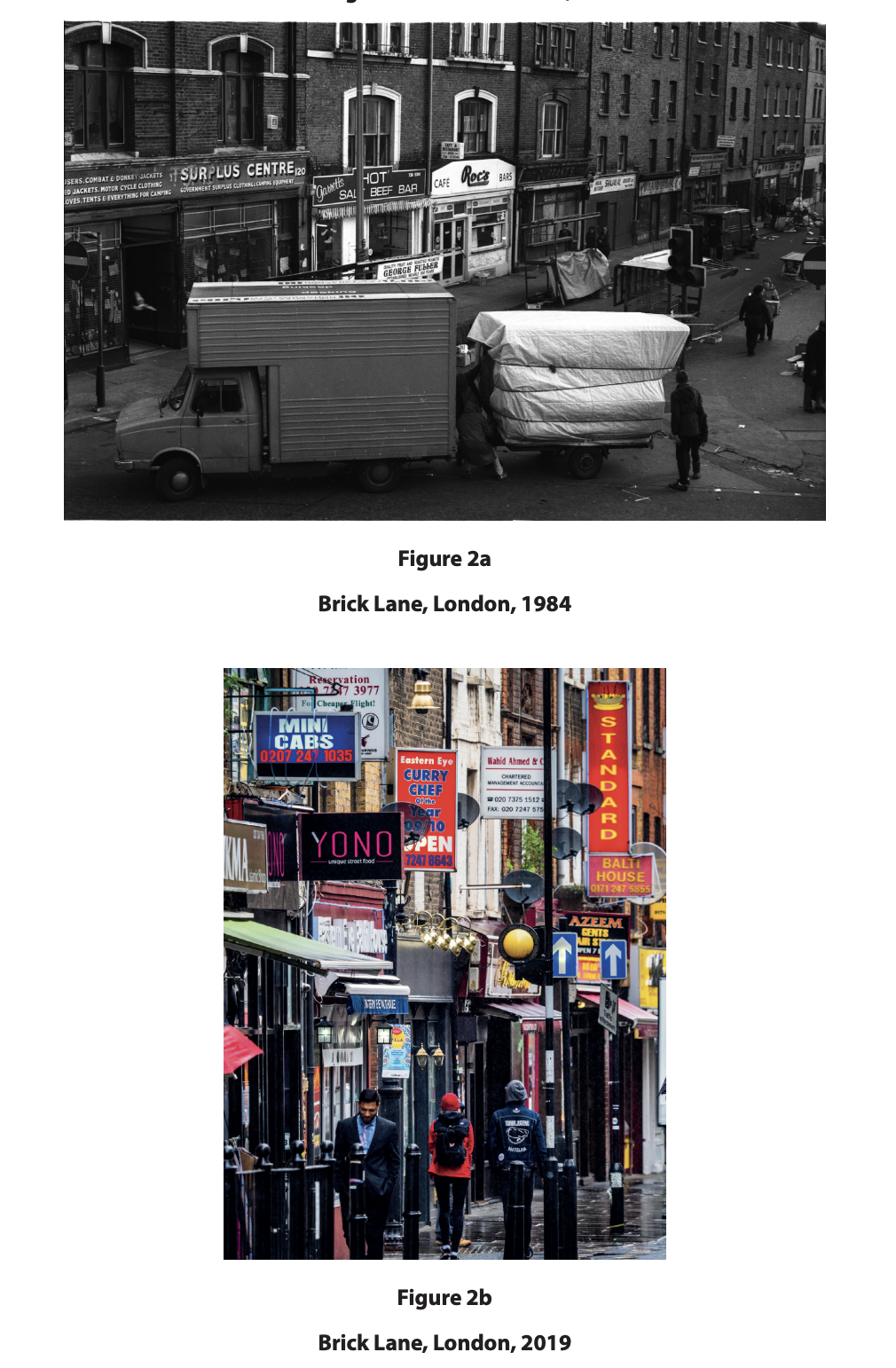 Two photos of Brick Lane, London: a 1984 black‑and‑white street scene with van and shops, and a colourful 2019 view crowded with neon restaurant signs.