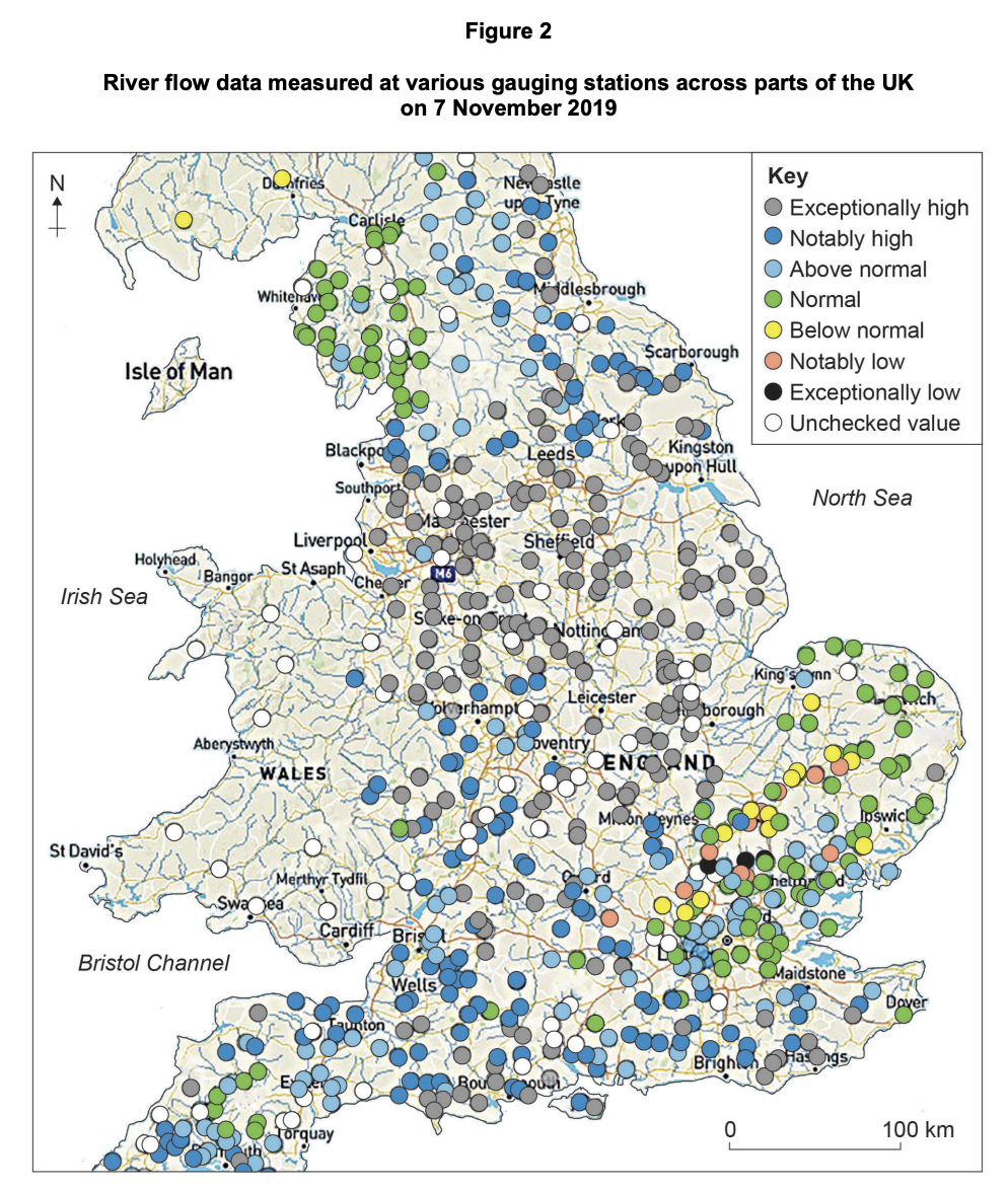 River flow data measured at various gauging stations across parts of the UK on 7 November 2019.