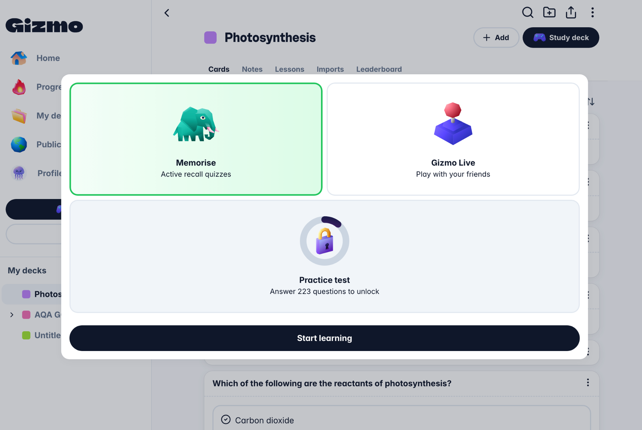 Gizmo study app screen for a Photosynthesis deck showing Memorise quizzes, Gizmo Live with friends, a locked practice test and a Start learning button