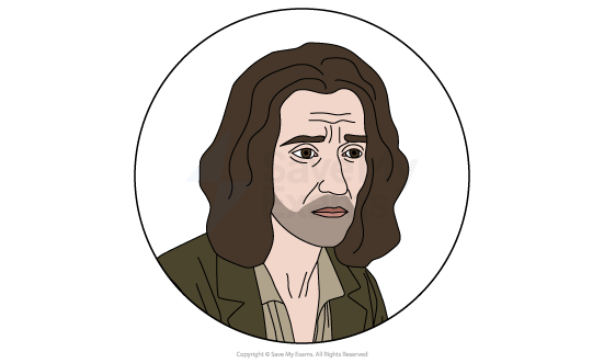 Silas Marner: a middle-aged person with long brown hair and a tired, worried expression, wearing a green jacket inside a simple circular frame.