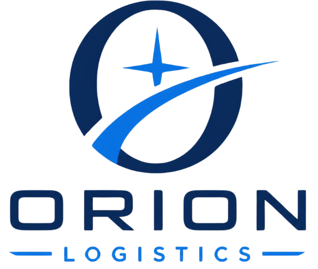 Orion Logistics logo with a stylised blue O, swoosh and star above bold ORION text, with the word LOGISTICS in smaller capitals underneath.