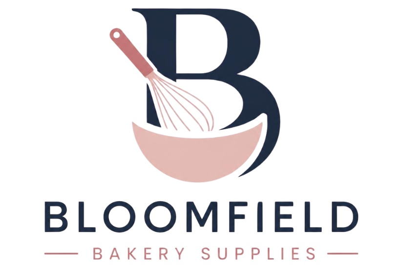 Logo for Bloomfield Bakery Supplies, featuring a large navy letter B with a pink mixing bowl and whisk illustration integrated into the design
