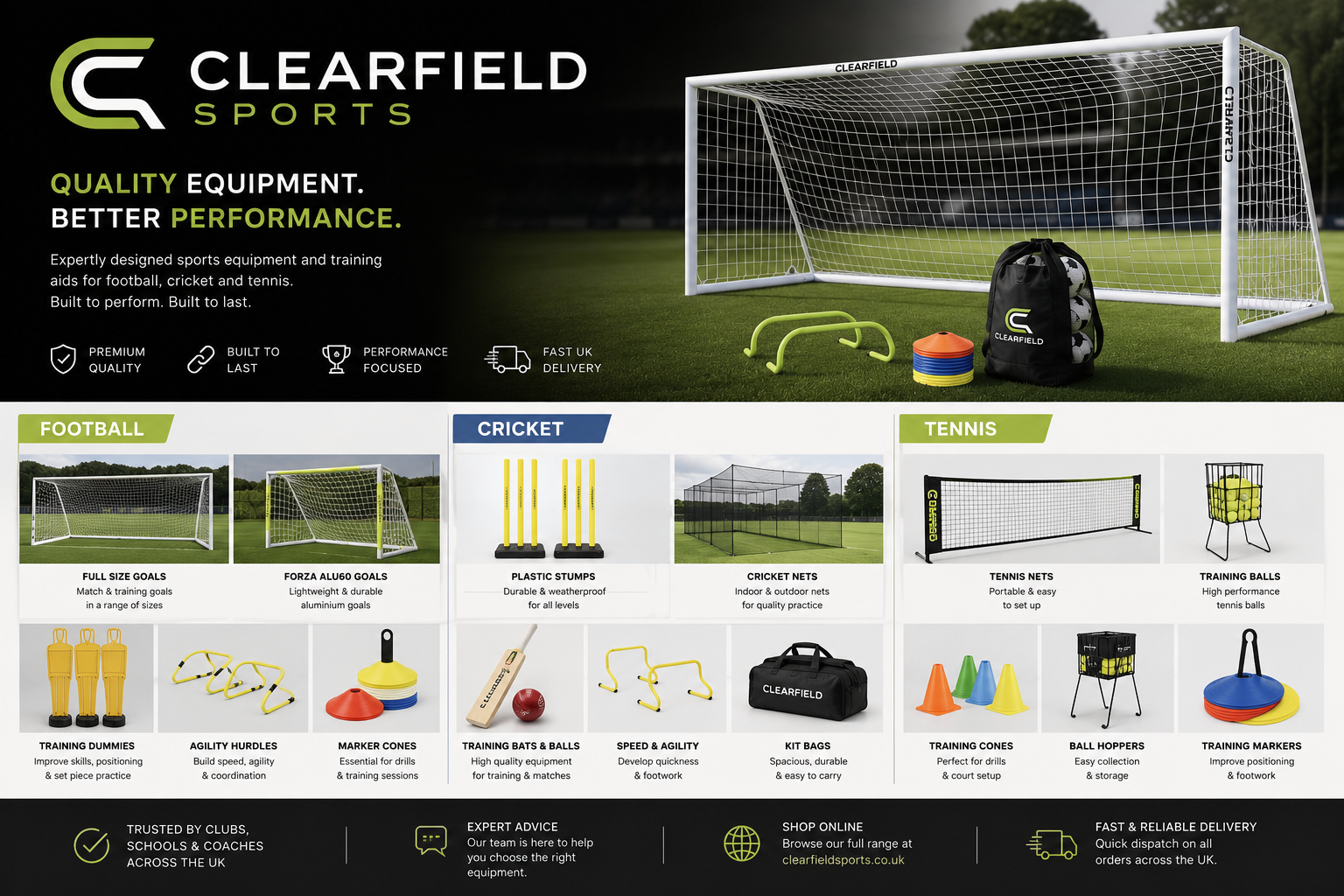 A webpage for Clearfield sports, showing its product range including goal posts, training aids and details about customer service
