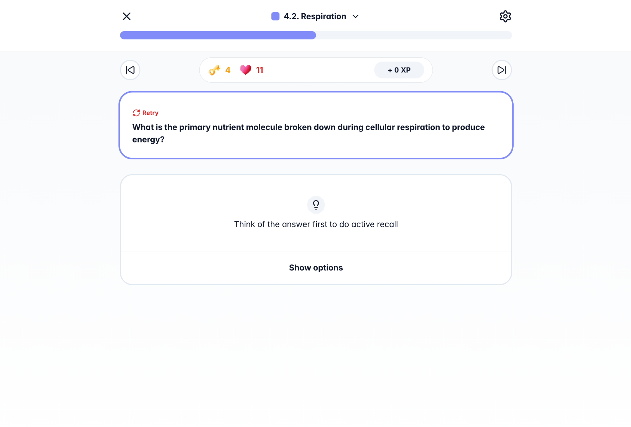Study app screen showing a biology question on respiration, asking which nutrient molecule is broken down for energy, with prompt to recall answer before viewing options