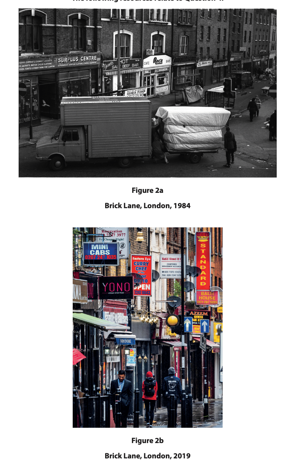 Two photos of Brick Lane, London: a 1984 black‑and‑white street scene with a lorry and sparse shops, and a 2019 colour view packed with signs and pedestrians