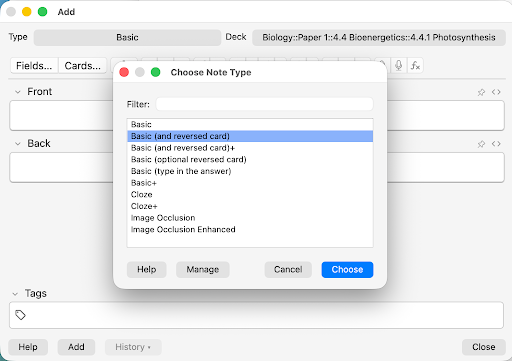 Anki “Add” window on a desktop, showing the “Choose Note Type” dialogue with “Basic (and reversed card)” highlighted for a biology flashcard deck