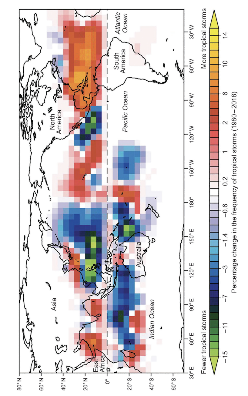 World map with coloured grid showing regional percentage changes in tropical storm frequency from 1980–2018, with legend from fewer to more storms