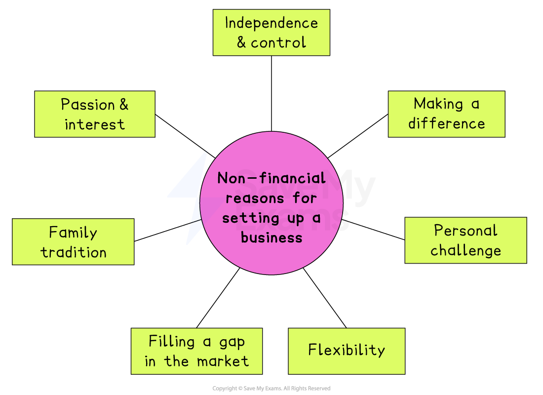 Diagram showing non-financial reasons to start a business: independence, passion, family tradition, market gap, flexibility, making a difference, challenge