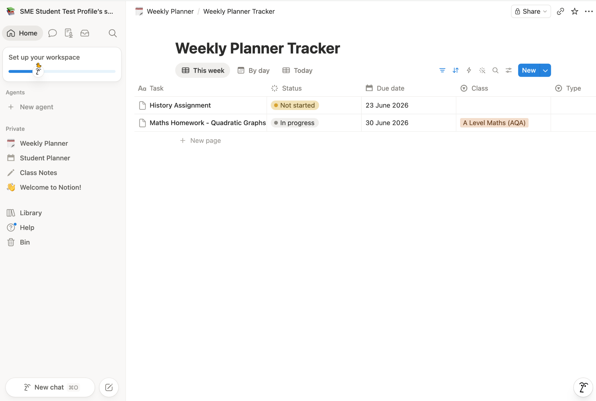 Notion weekly planner tracker showing tasks ‘History Assignment’ and ‘Maths Homework – Quadratic Graphs’ with status, due date and class columns