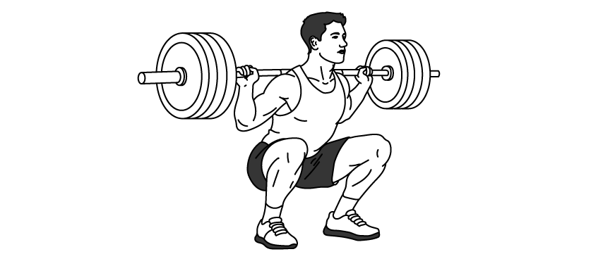 Black-and-white illustration of a man performing a deep back squat, holding a heavily loaded barbell across his shoulders, knees bent and chest upright