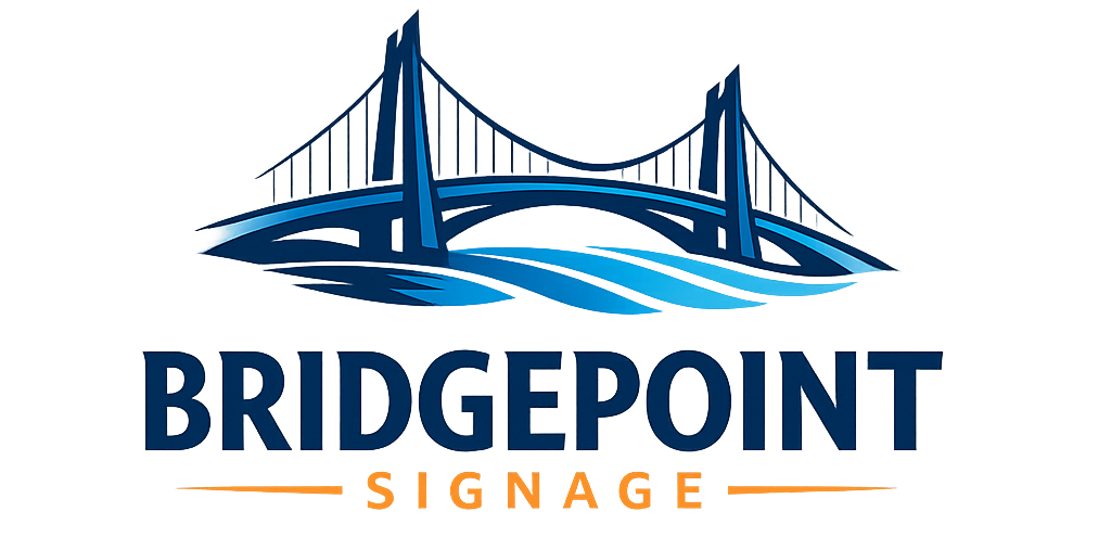 Bridgepoint Signage logo featuring a stylised blue suspension bridge over flowing water with bold navy text and orange accent line
