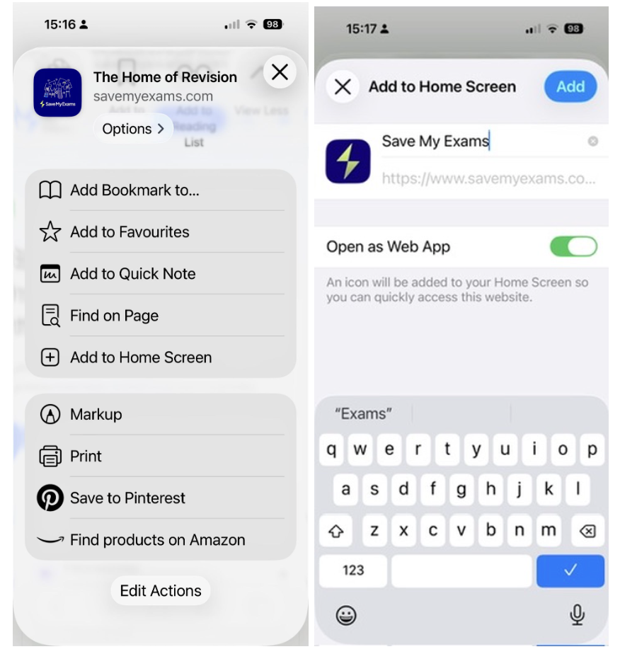 Two iPhone screenshots showing Safari steps to add the Save My Exams website to the Home Screen, including the share menu and Add to Home Screen options.