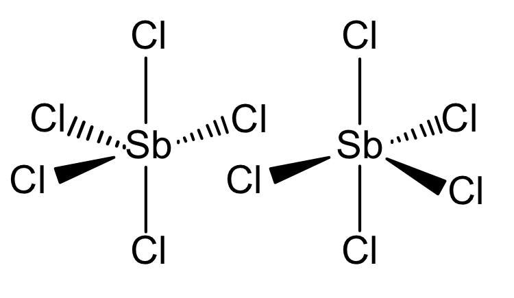 Two diagrams of antimony pentachloride showing trigonal bipyramidal geometry with five Cl atoms around central Sb, illustrating different 3D bond orientations