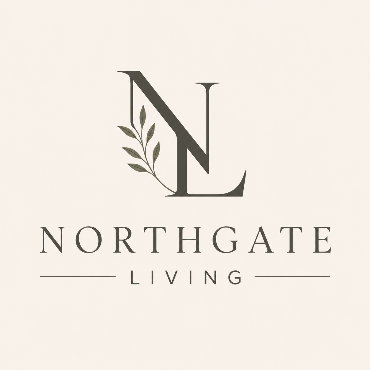 Minimalist logo reading “Northgate Living” with elegant NL monogram and leafy branch on a pale beige background
