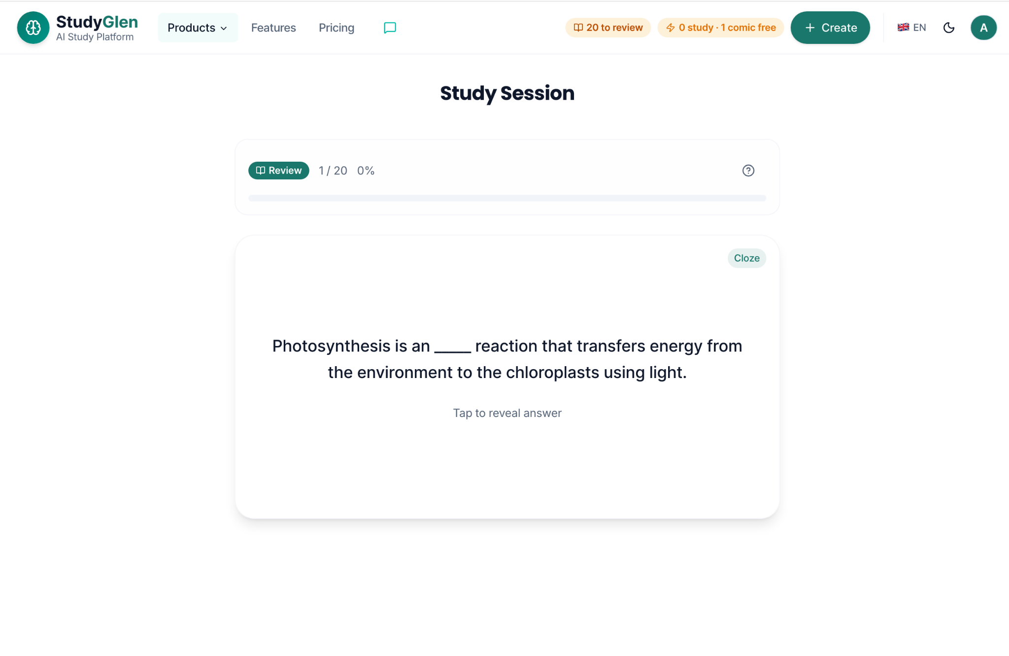 StudyGlen AI study session screen showing a cloze flashcard about photosynthesis, with progress bar and prompt to tap to reveal the missing word