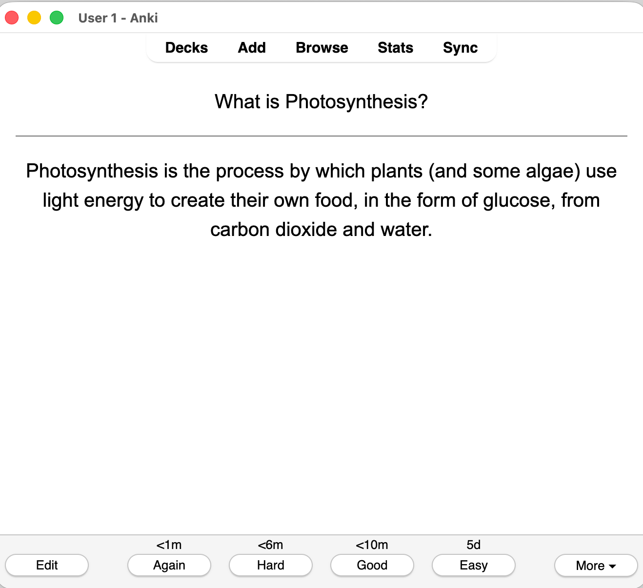 Anki flashcard on a computer asking “What is Photosynthesis?” with text defining it as plants using light to make glucose from carbon dioxide and water