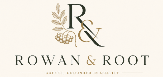Rowan & Root coffee logo with elegant R & R monogram, gold rowan branch illustration and tagline “Coffee, grounded in quality” on a cream background
